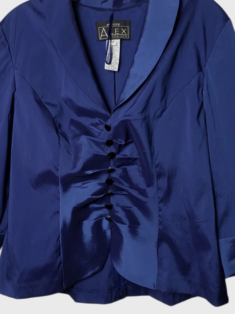 Alex Evenings Petite Satin Blouse Ruched Front 3/4 Sleeves Royal Blue P.Large — image 7 of 8